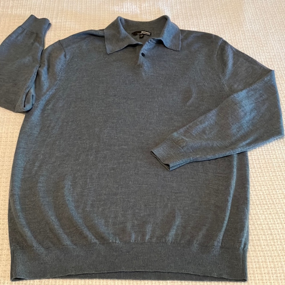 Murano Mens Size Large Blue Half Button Down Henley 100% Merino Wool Sweater
